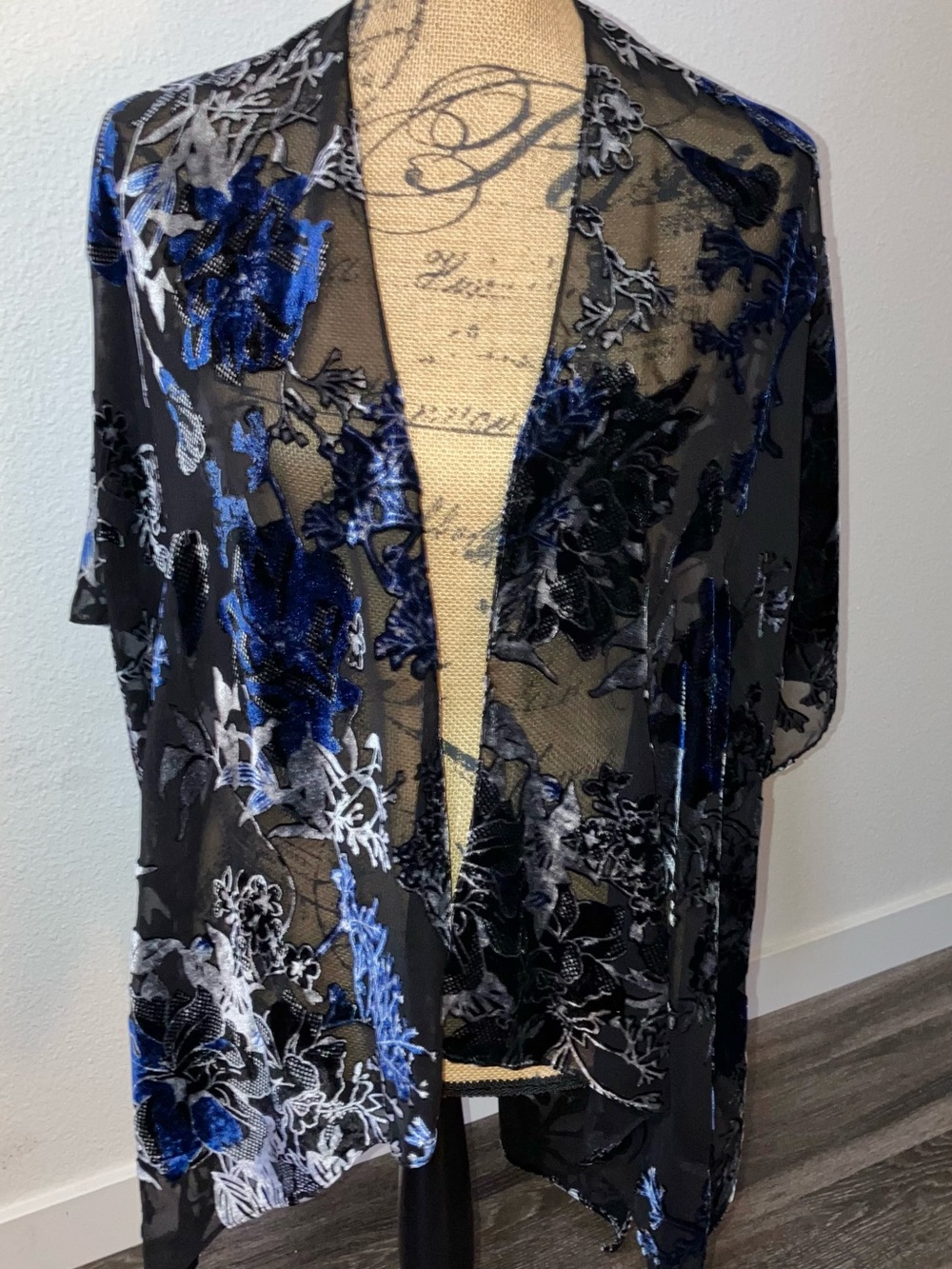 Amaryllis Black Sheer Floral Velvet Burnout Kimono with Blue Accents